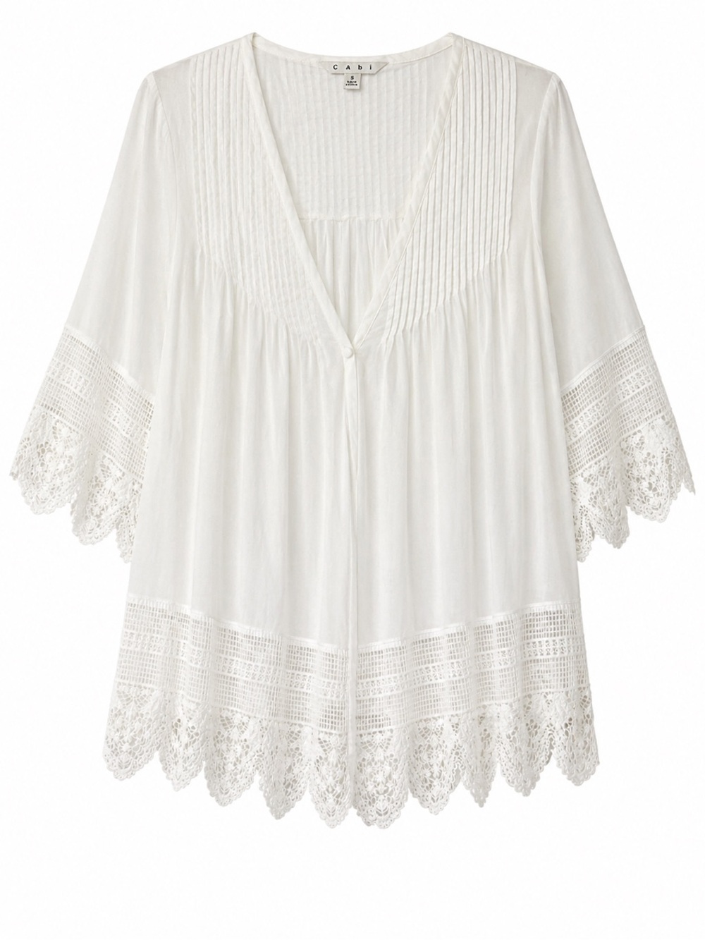 CAbi Cotton Lace Trim Pintuck Boho Blouse- S